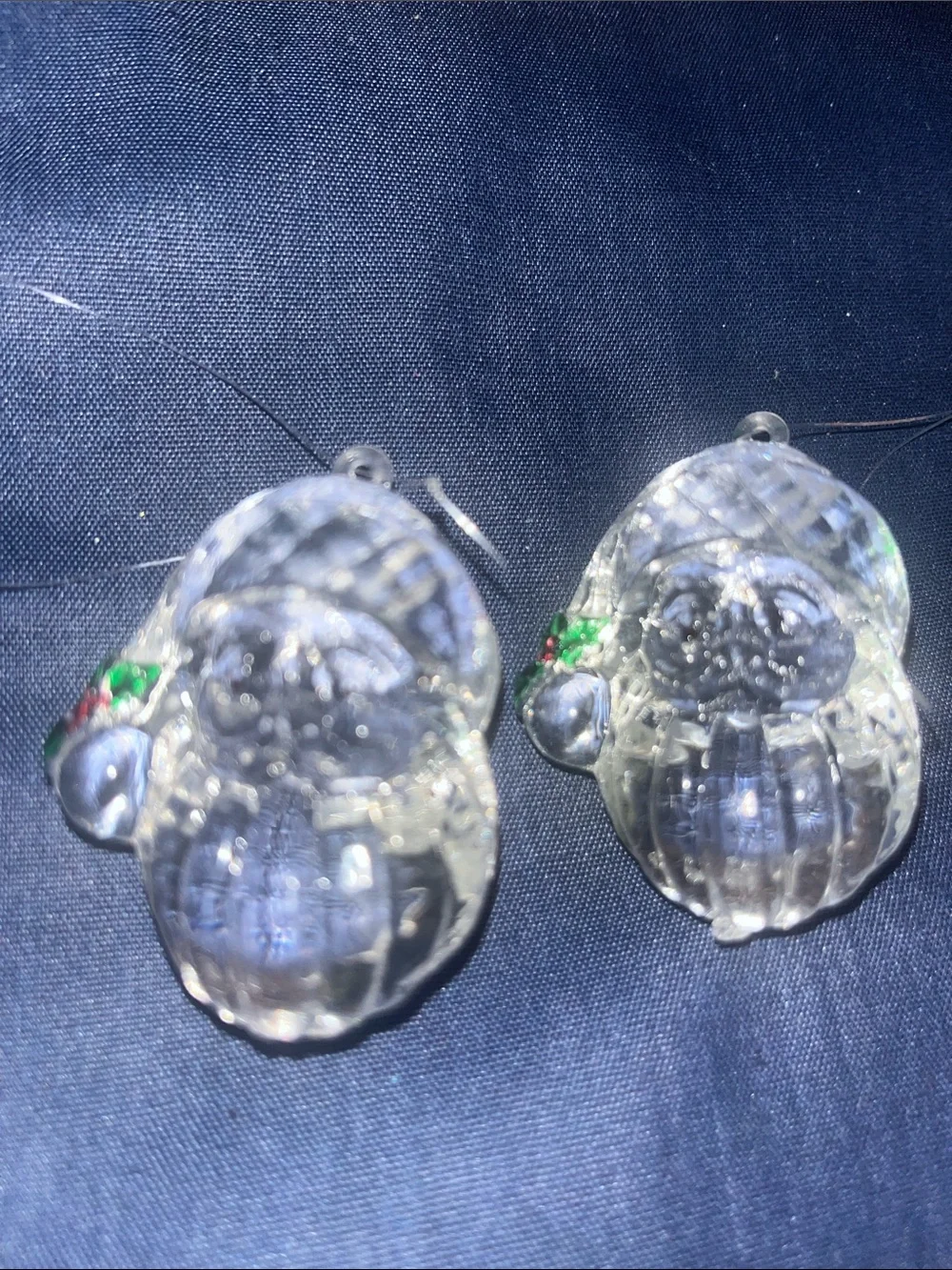 Vintage Clear acrylic Santa heads with hat and Holly Set of 2 388